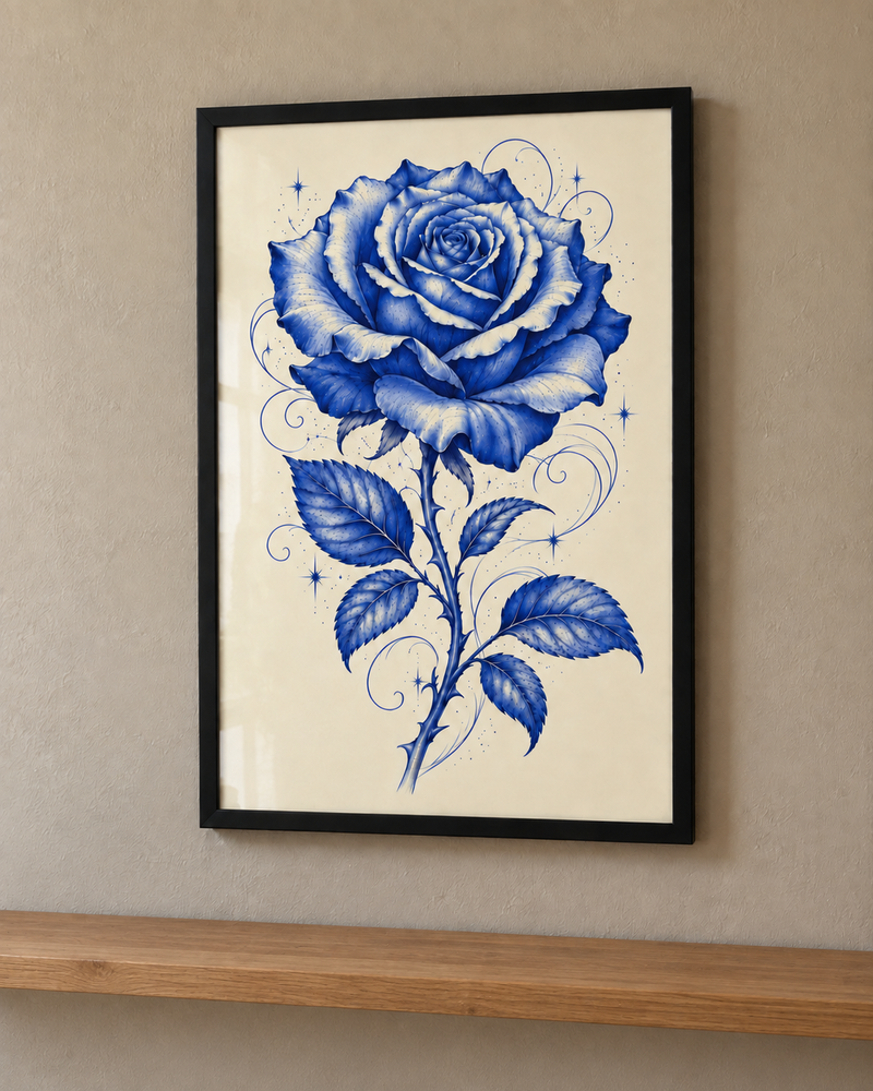 Midnight Bloom blue rose artwork on cream paper in a black frame