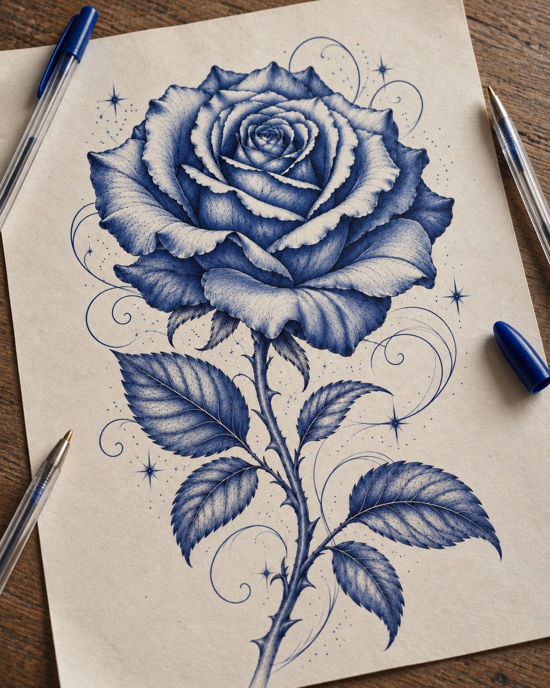 Midnight Bloom blue rose artwork on cream parchment, with blue ballpoint pens on a wooden desk — BiroArt.com.au by Inked Legacy Co