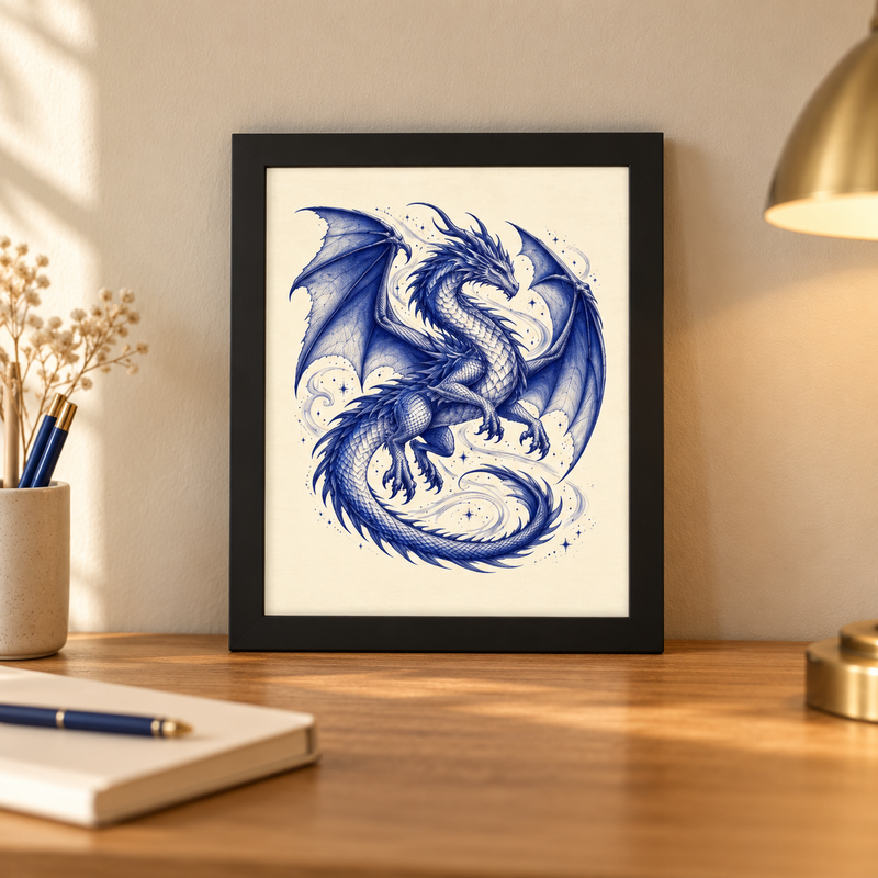 Celestial Guardian 8×10 inch blue dragon print on cream paper in a black frame
