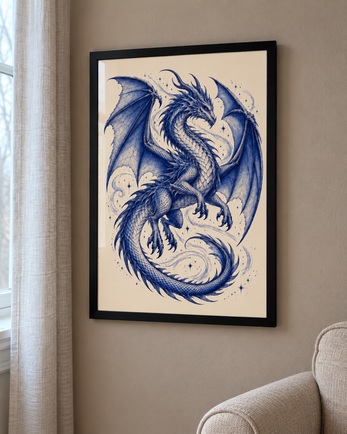 Celestial Guardian blue dragon artwork on cream paper in a black frame