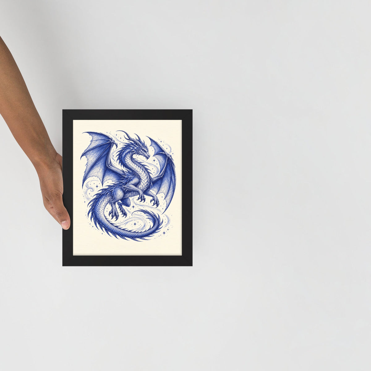 Celestial Guardian 8×10 inch blue dragon print on cream paper in a black frame