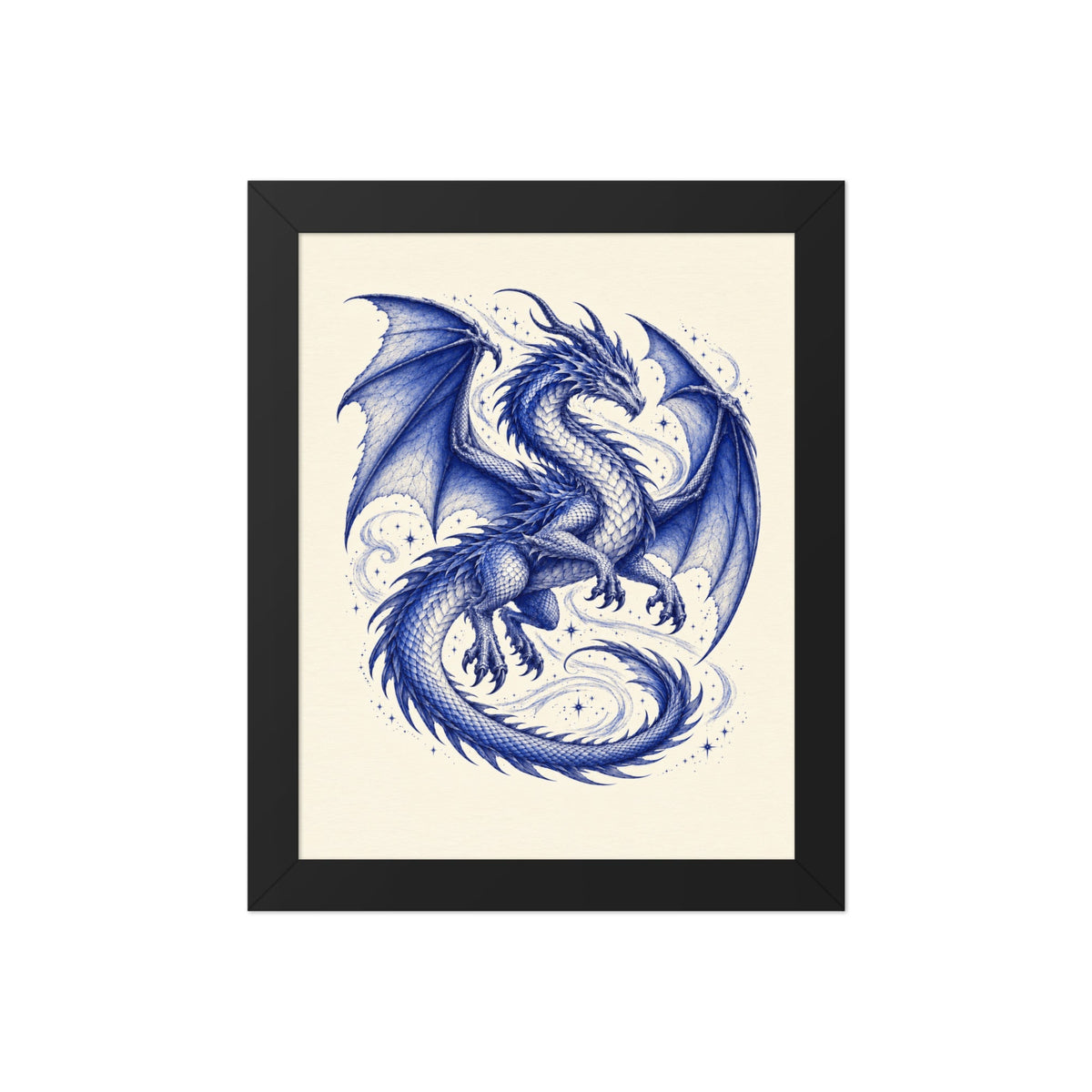 Celestial Guardian 8×10 inch blue dragon print on cream paper in a black frame