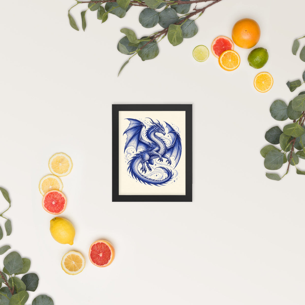 Celestial Guardian 8×10 inch blue dragon print on cream paper in a black frame